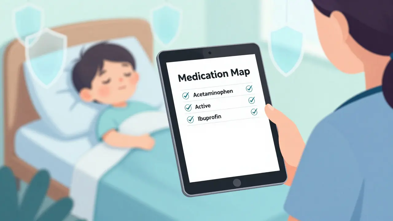 Caregiver using a medication log to safely treat a sick child