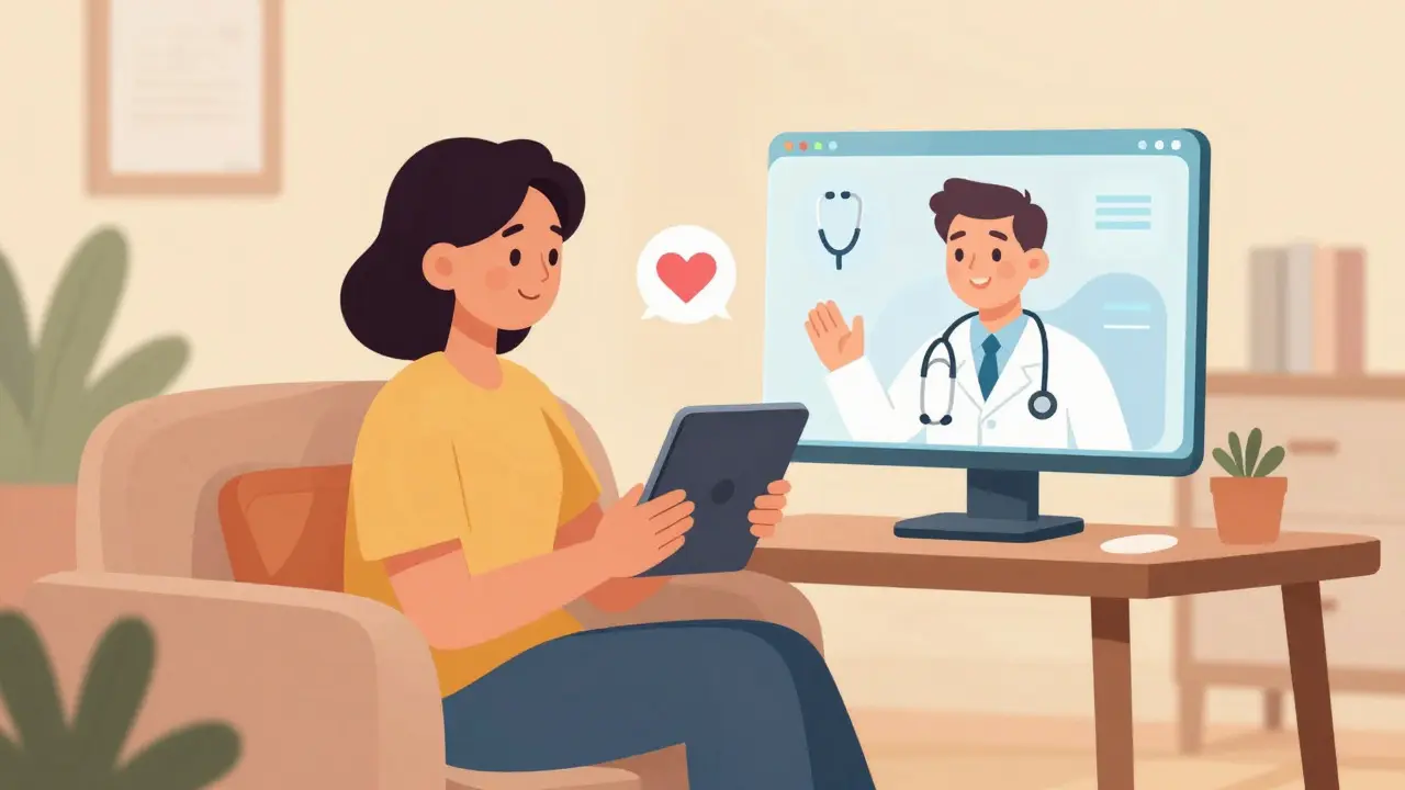 Character having a telehealth consultation from home via tablet