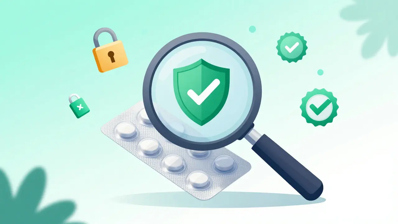 Concept art of a magnifying glass verifying the safety of a medication package