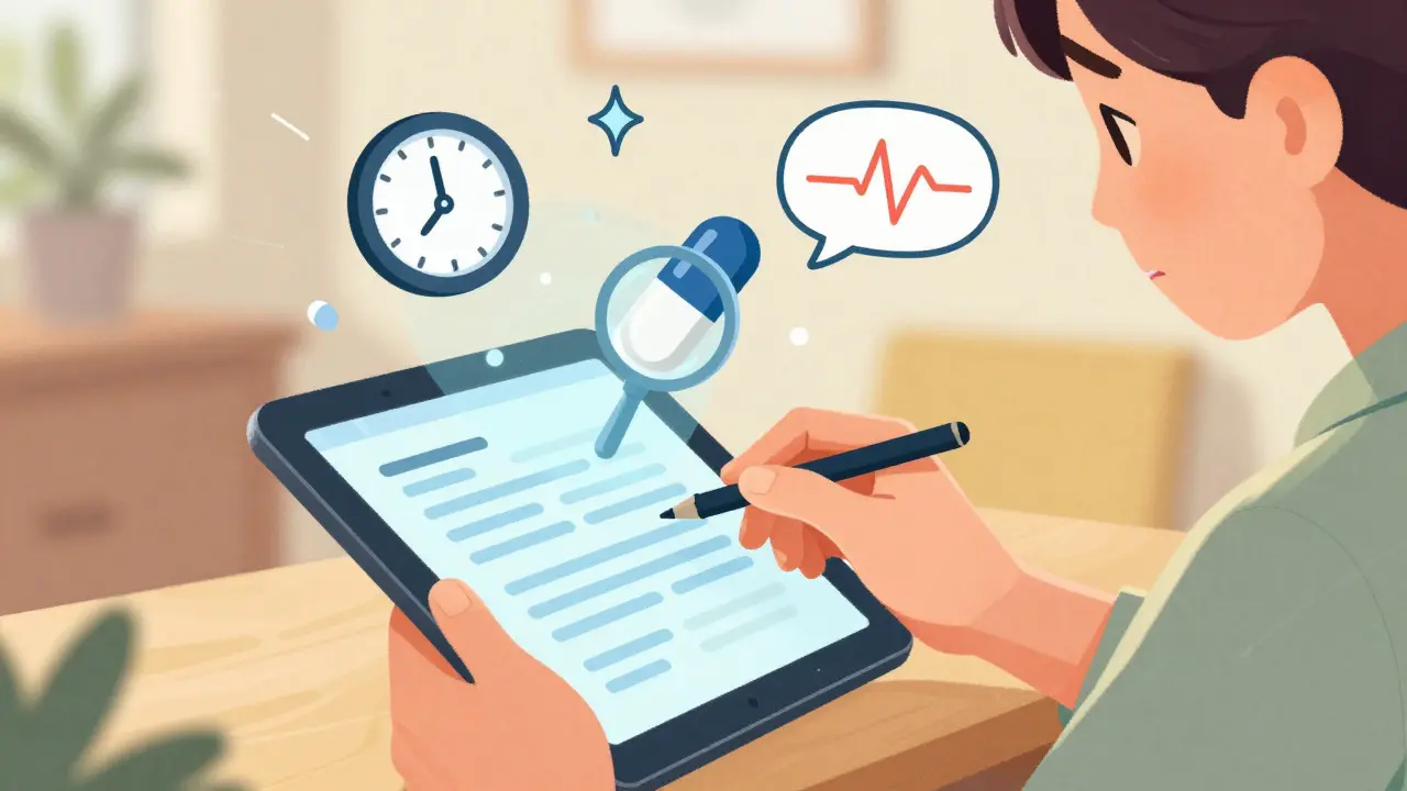 Concept art showing a person submitting a medication side effect report via tablet