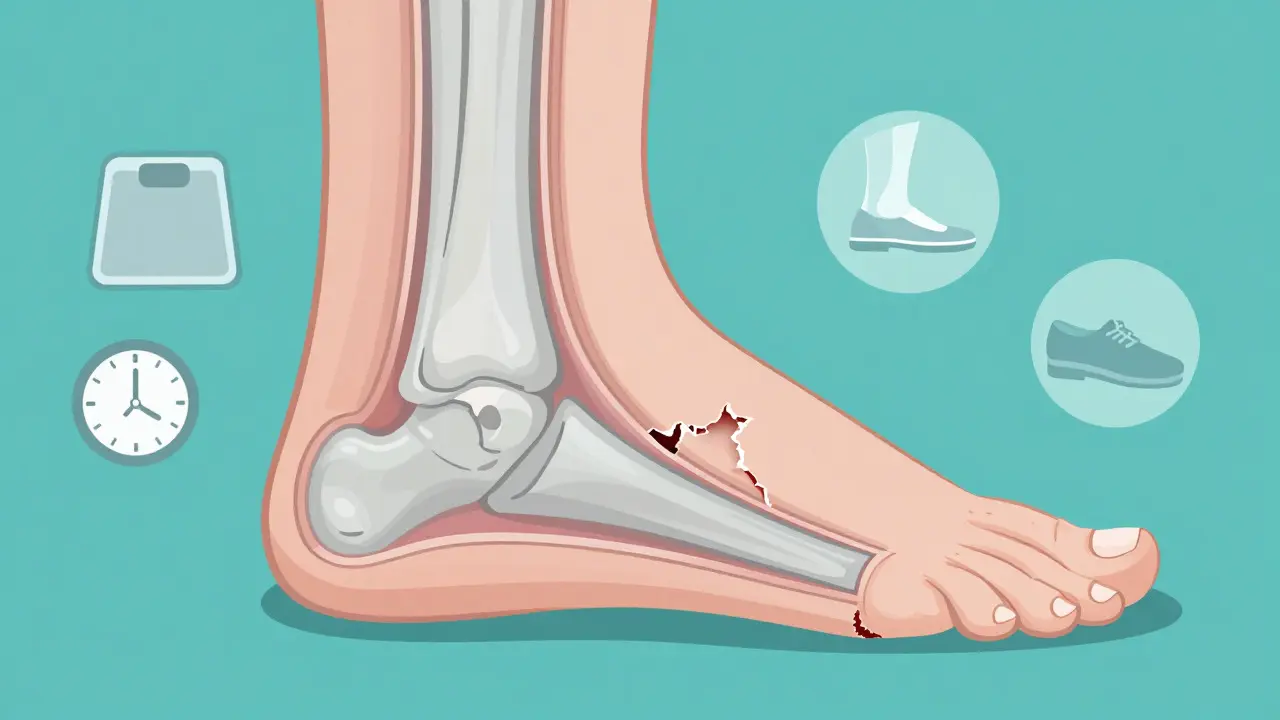 Cross-section illustration of foot showing plantar fascia tears