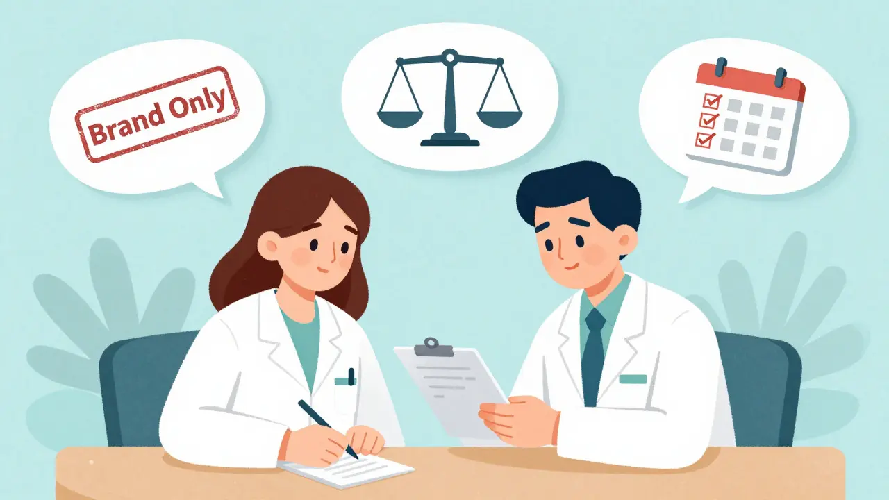 Doctor and pharmacist discussing prescription options with a patient in a cartoon style.