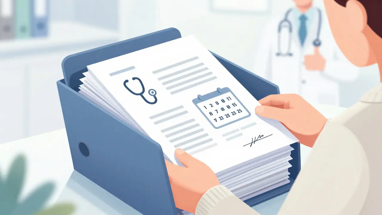 Hands organizing medical records and documents in a large file folder