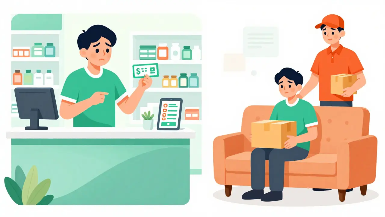 Illustration comparing the stress of store visits versus the comfort of home delivery