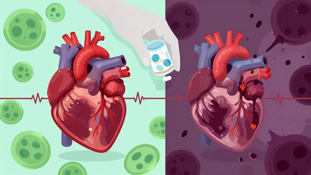 Illustration of a heart splitting into healthy and risky states due to medication variability.