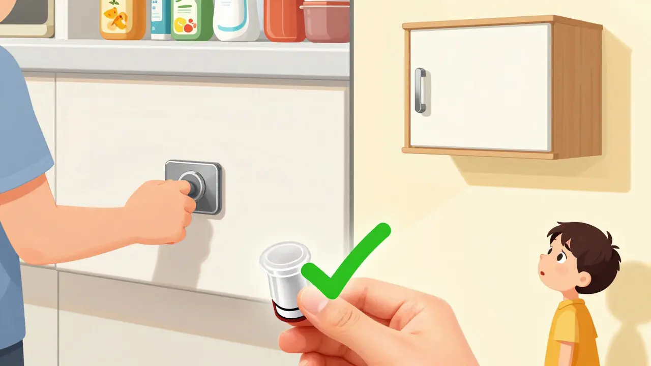 Illustration of child-proofing methods including cabinet locks and high storage for toxins.