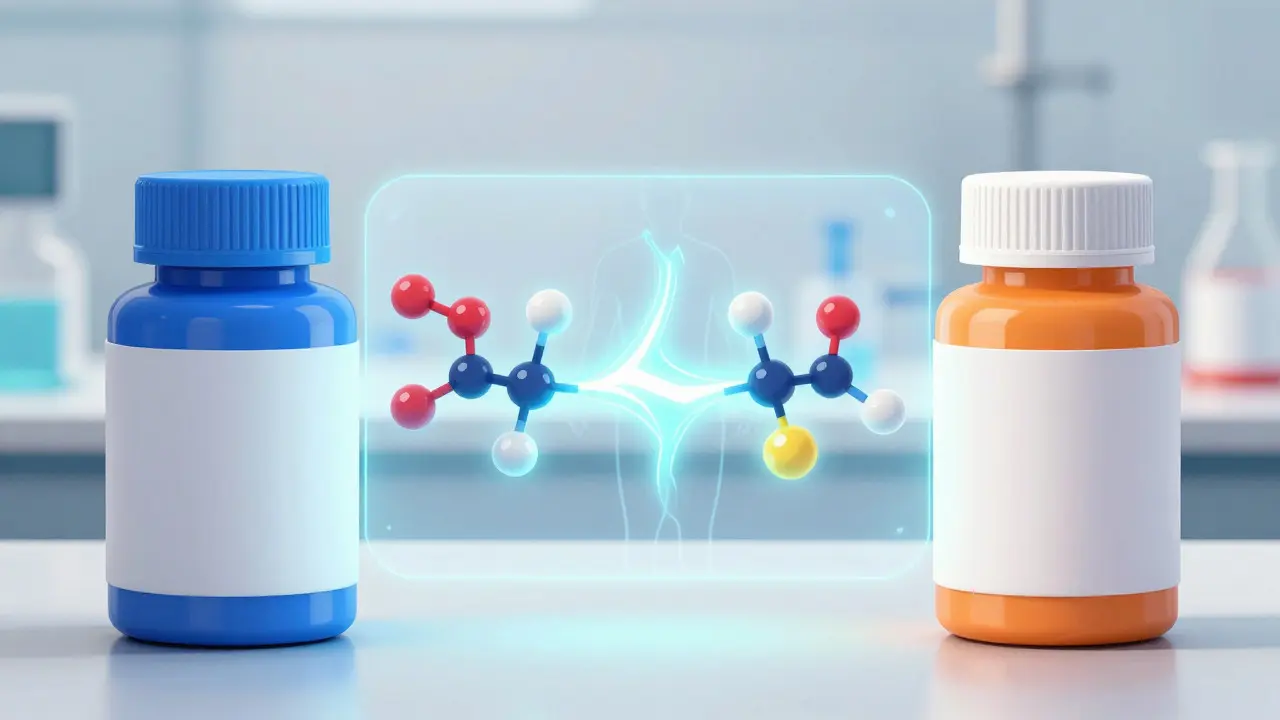 Illustration showing identical molecular structure of generic and brand drugs