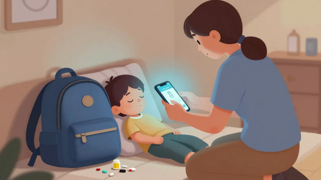 Parent using a safety app while securing a backpack, symbolizing preparedness and vigilance.