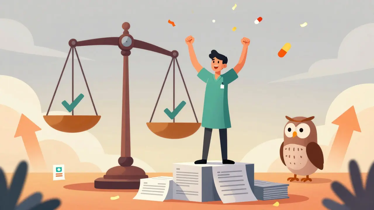 Patient celebrating successful appeal victory on podium of documents