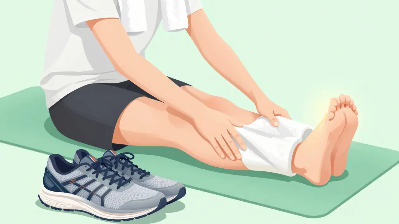 Person performing seated towel stretch for foot relief