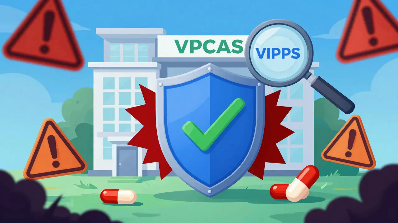Shield protecting against online pharmacy scams with verification seals